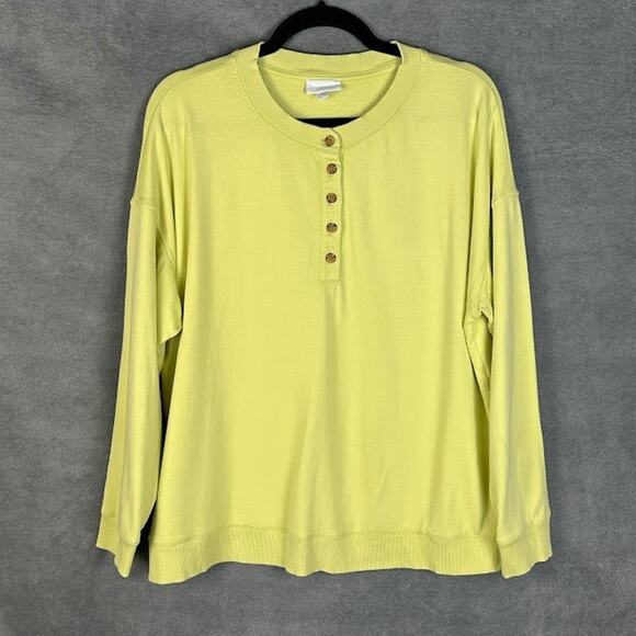 J Jill Fit Top Womens Large Yellow Green Long Sleeve Oversized Comfort Henley - Picture 1 of 11